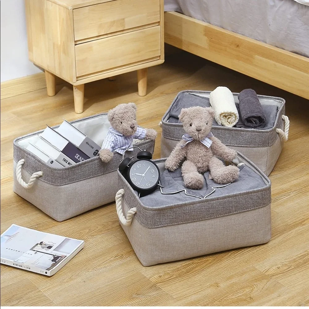 NEW! Large Canvas Storage Bin Foldable Fabric Basket with Handles Durable Gray